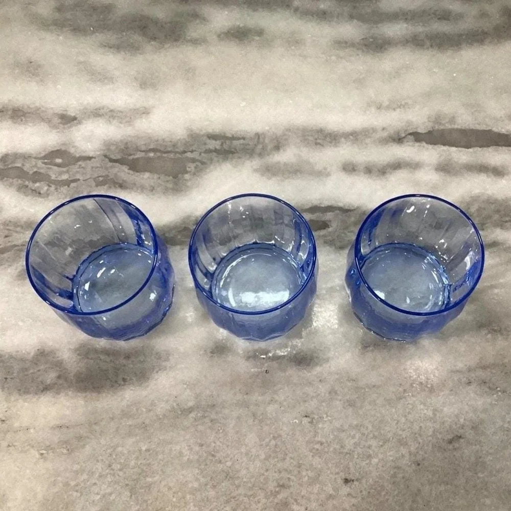 Oneida Valor Blue Juice‎ Glasses, Set of 3, Vintage Pasabahce Ribbed Tumblers